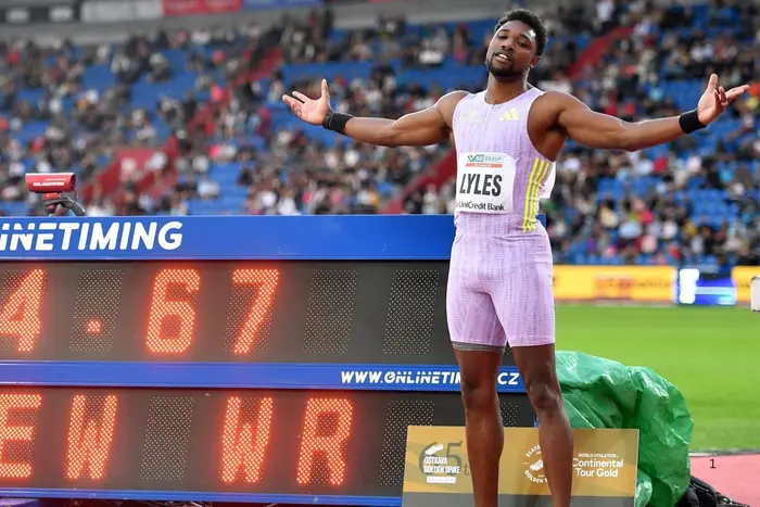  Noah Lyles reacts to historic American sprint double